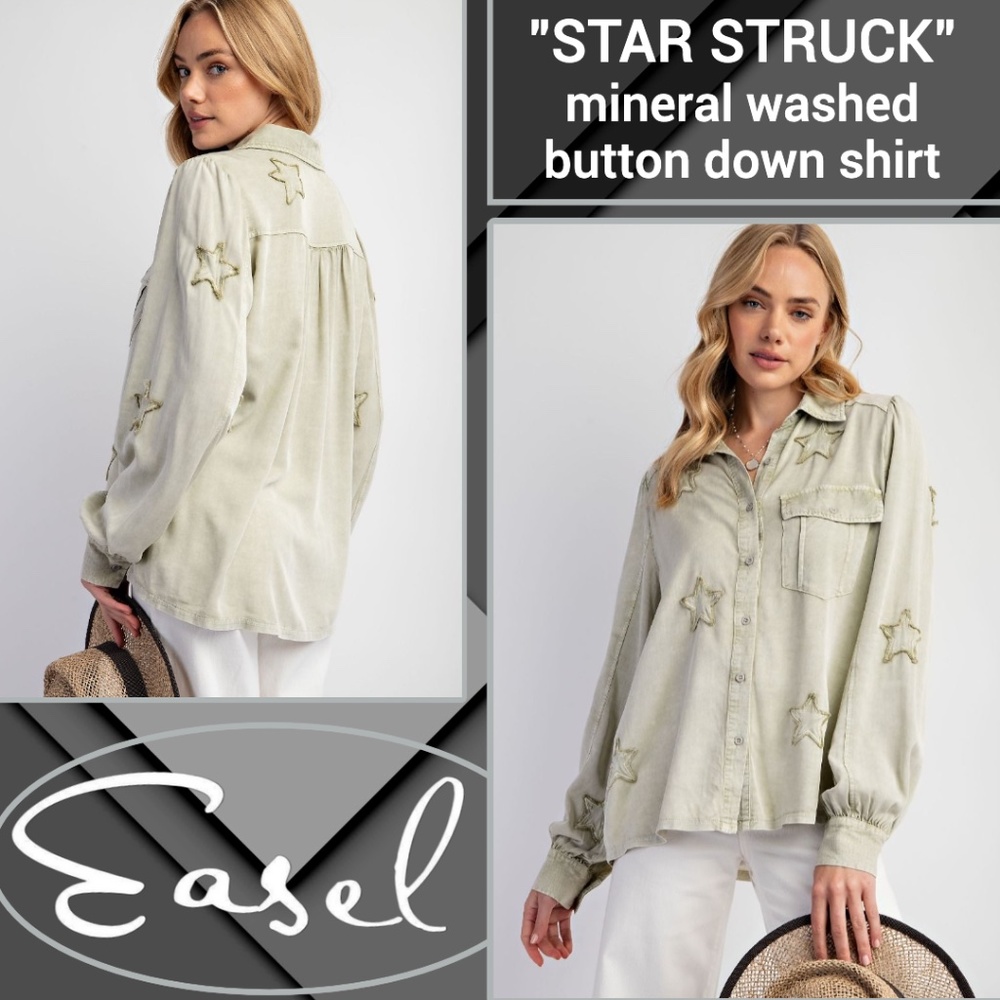 EASEL "STAR STRUCK" Super Soft Mineral Wash Lightweight Shirt, Embroidered Stars